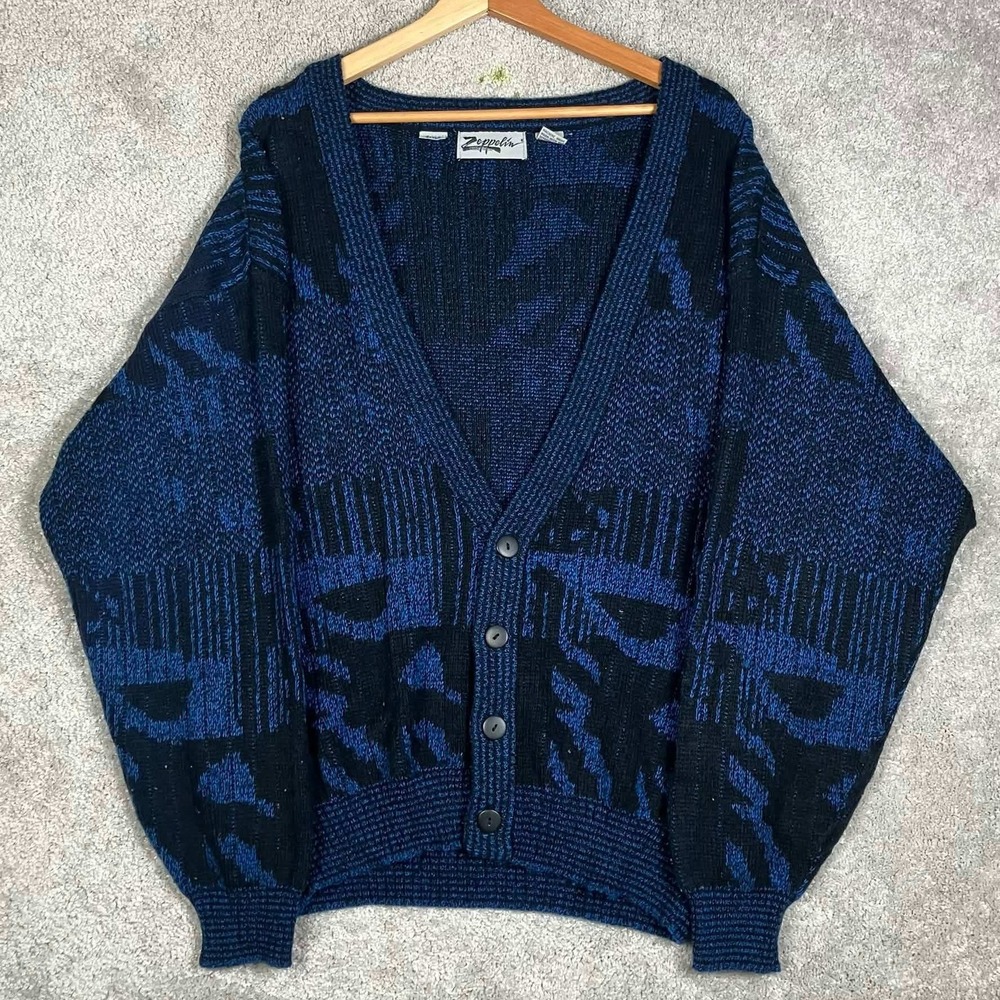 Vintage 80s Zeppelin Mens V-Neck Cardigan Sweater Large Blue Black Abstract